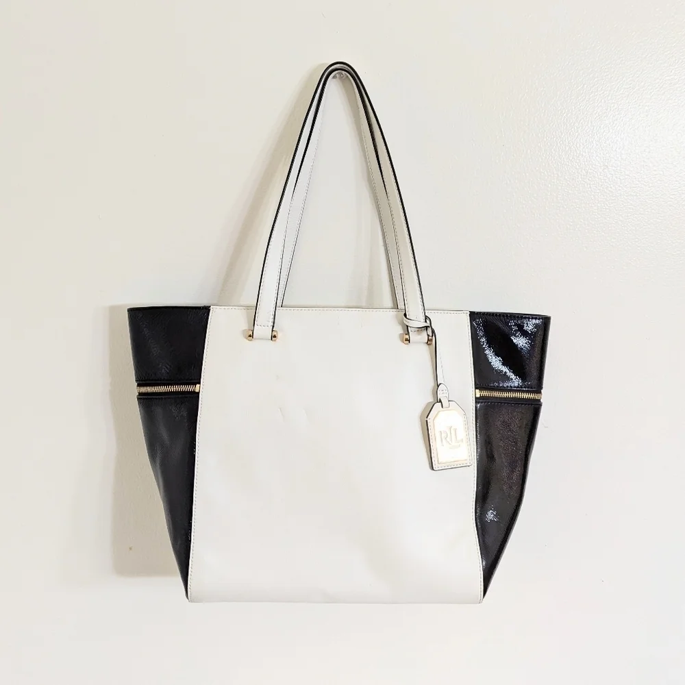 LRL Leather Black White Block Carry All Tote 12